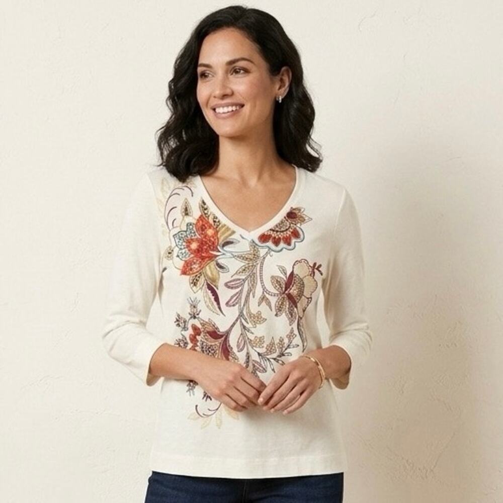 Chico's V-Neck Top Botanical Floral Print Ivory 3/4 Sleeves Artsy Size 2 / US L‎ - Picture 2 of 7